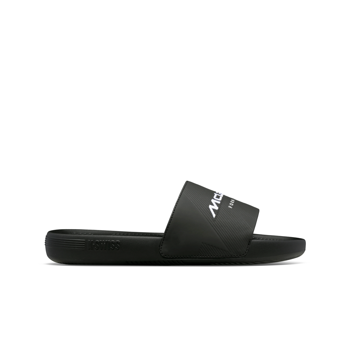 McLaren x K-Swiss black slide sandal with McLaren Formula 1 logo strap – side profile view