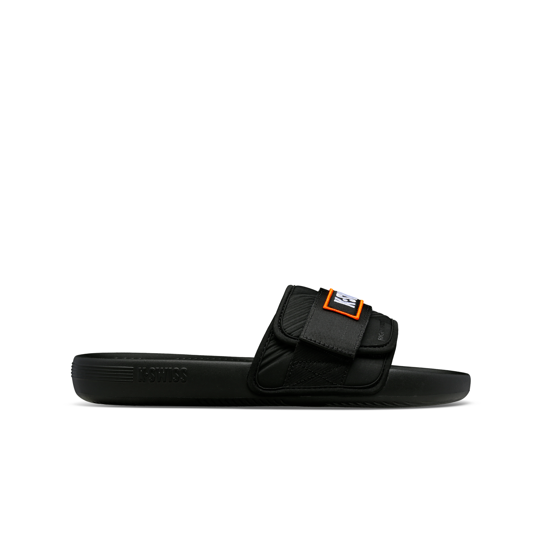 McLaren x K-Swiss black strap sandal with orange McLaren logo strap – side profile view