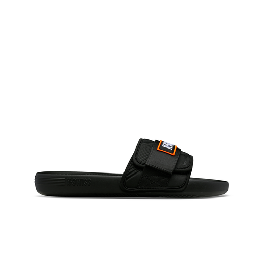 McLaren x K-Swiss black strap sandal with orange McLaren logo strap – side profile view