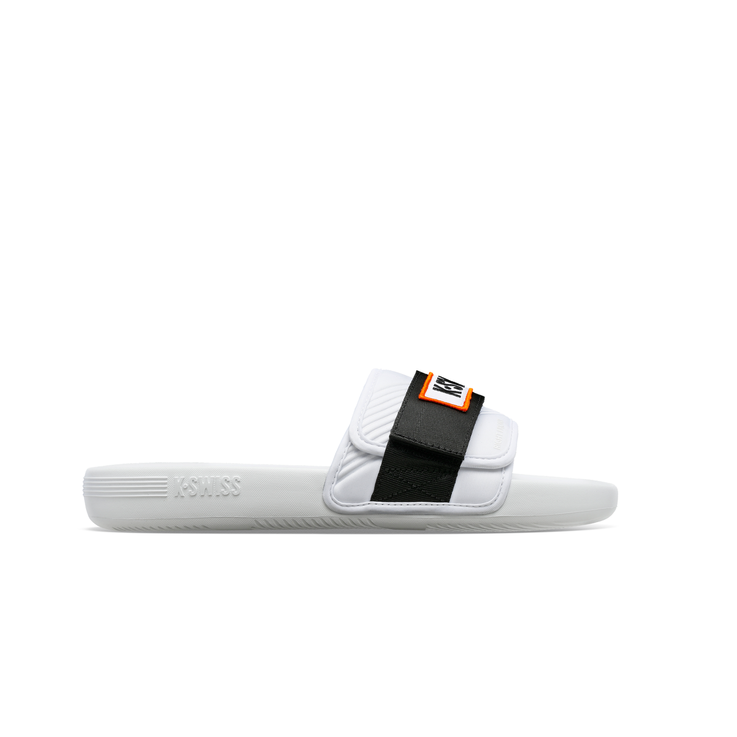 McLaren x K-Swiss white strap sandal with black adjustable strap and orange McLaren logo – side profile view