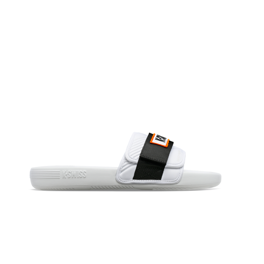 McLaren x K-Swiss white strap sandal with black adjustable strap and orange McLaren logo – side profile view