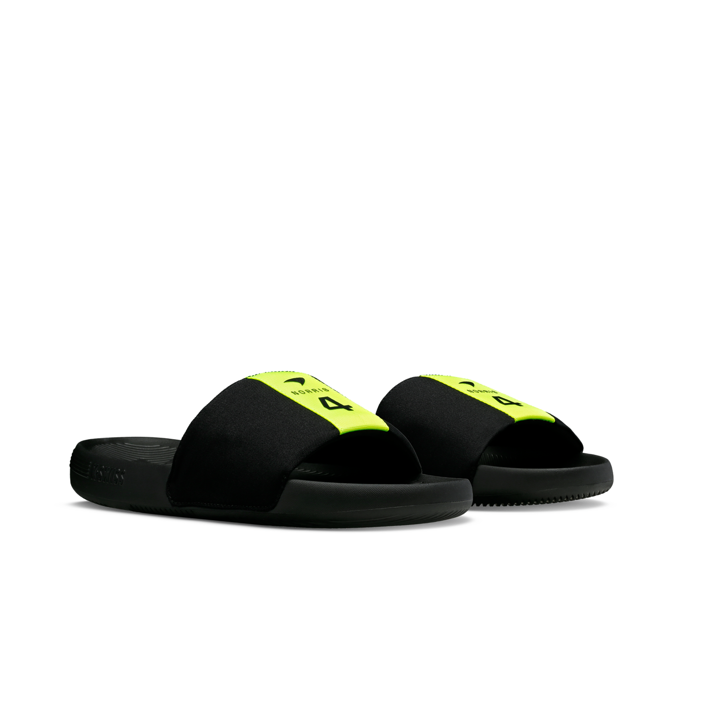 McLaren x K-Swiss black slide sandals with neon yellow straps – front angled pair view