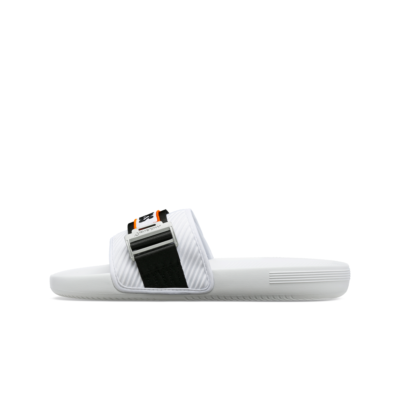 McLaren x K-Swiss white strap sandal with black and orange McLaren strap detail – inner side profile view