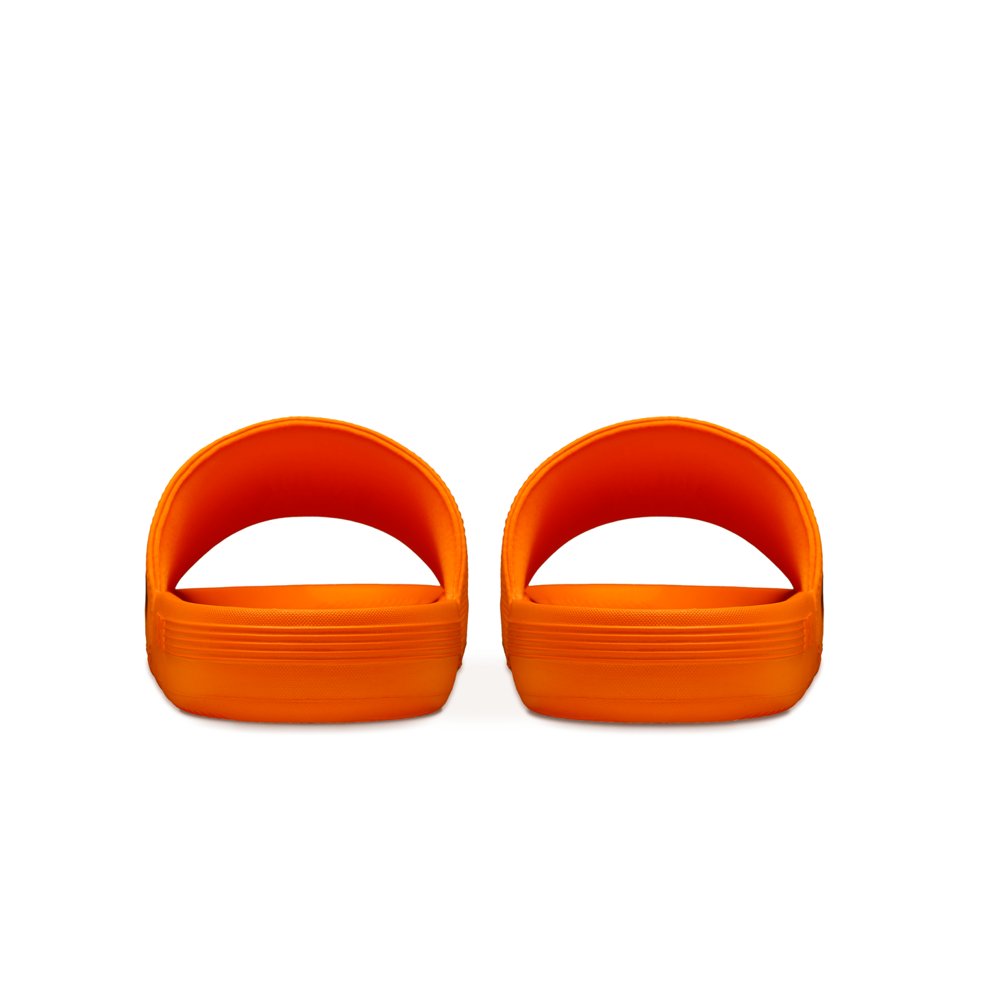 McLaren x K-Swiss papaya orange slide sandals – rear heel view of pair