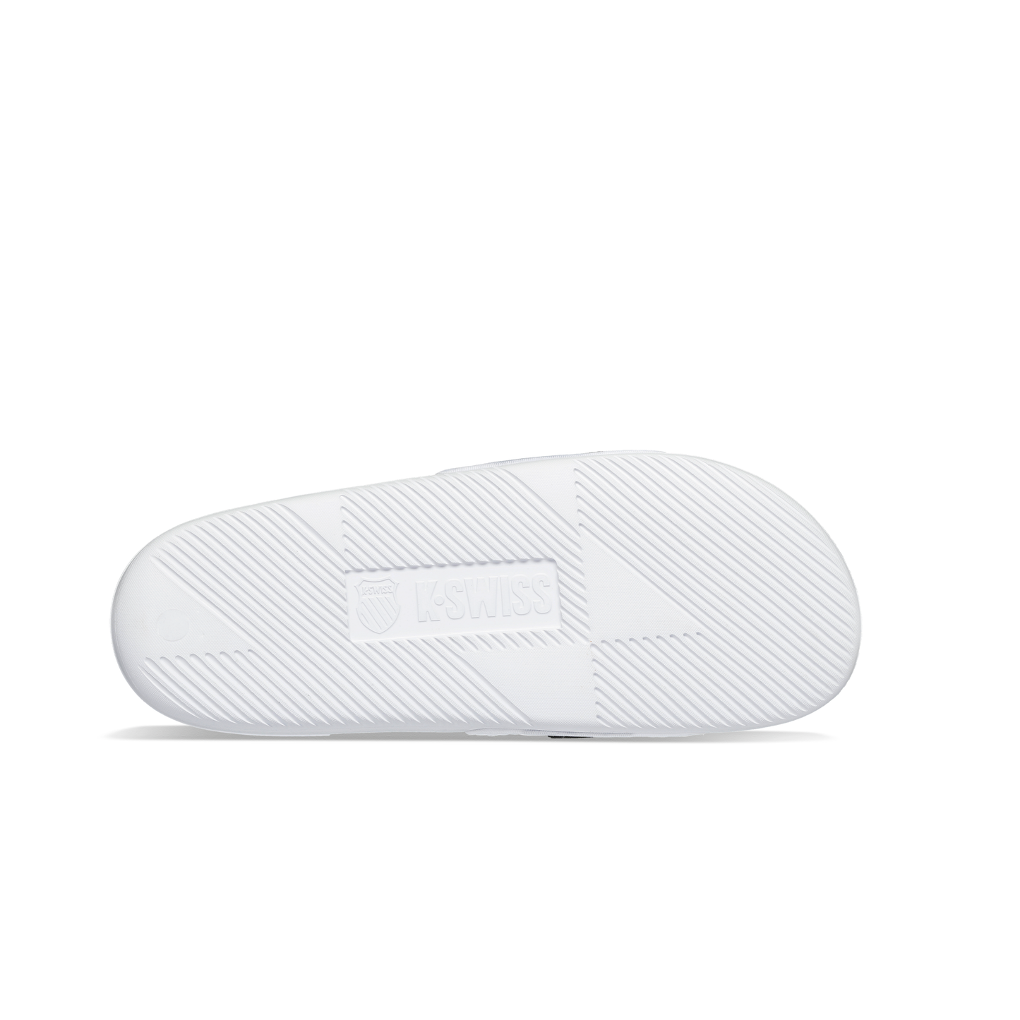 McLaren x K-Swiss white strap sandal outsole with K-Swiss logo – bottom tread view