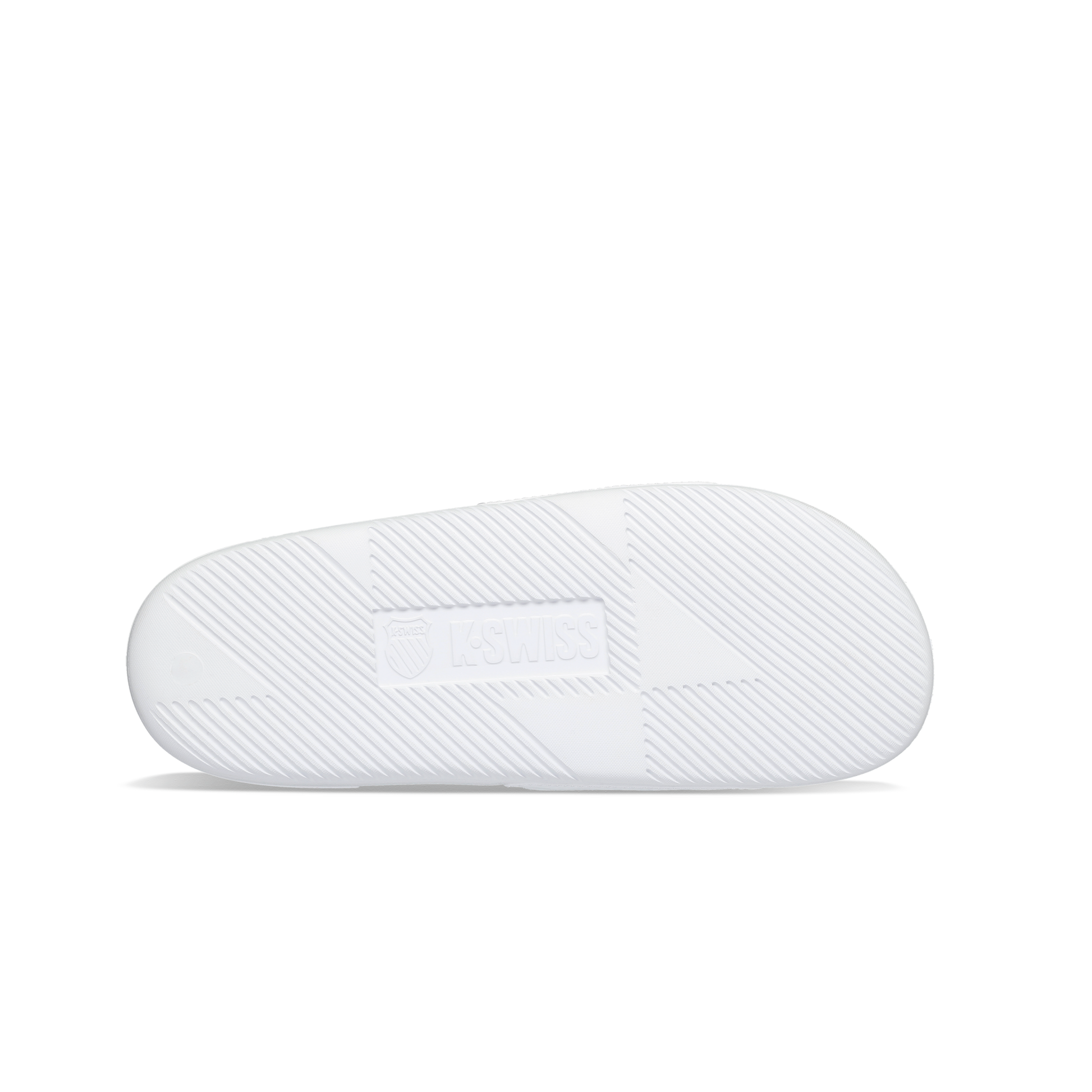 McLaren x K-Swiss white slide sandal outsole with K-Swiss logo – bottom tread view