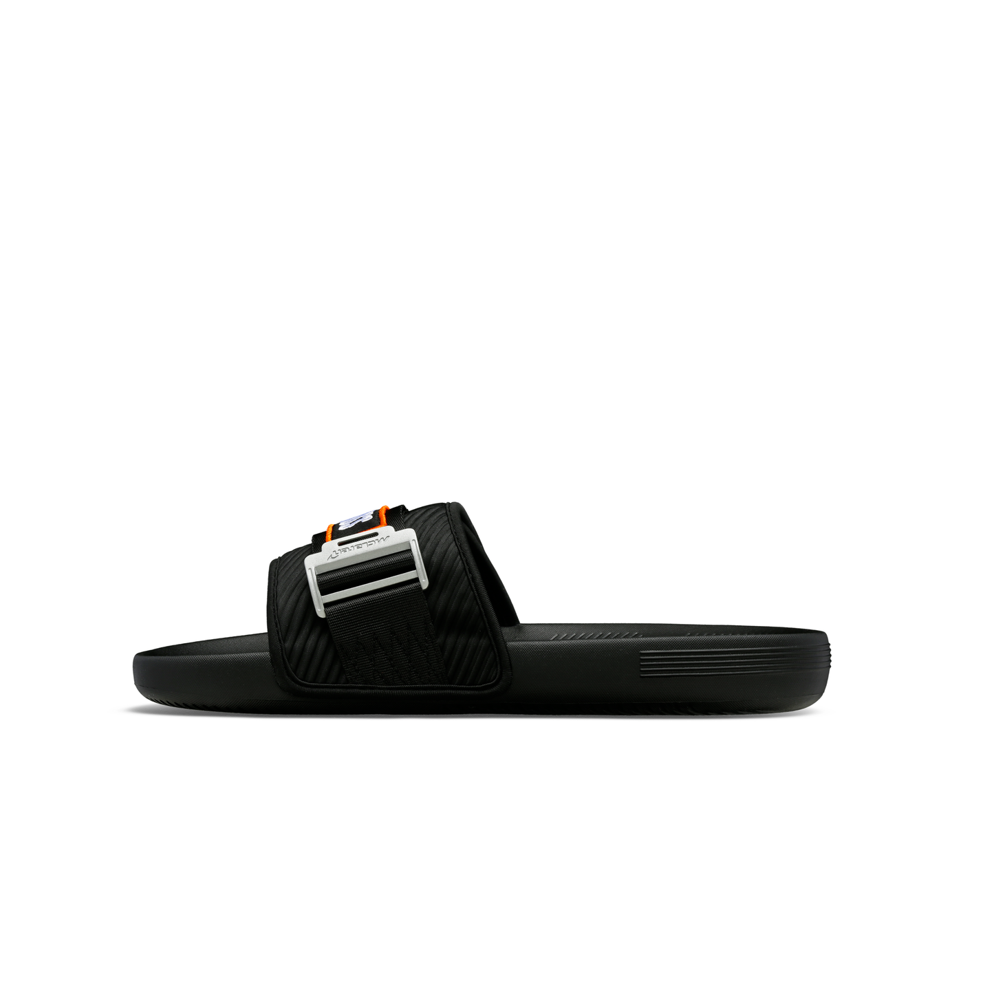 McLaren x K-Swiss black strap sandal with black and orange McLaren strap detail – inner side profile view