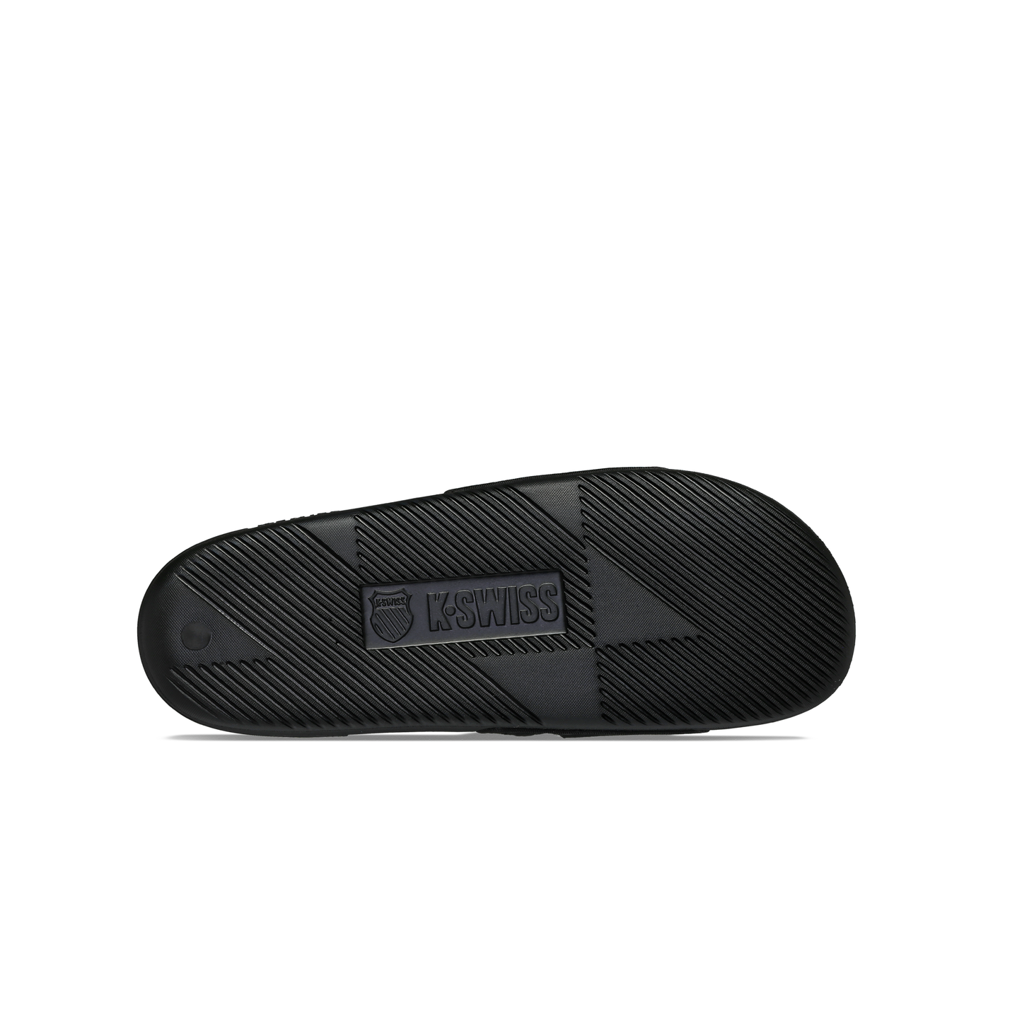 McLaren x K-Swiss black strap sandal outsole with K-Swiss logo – bottom tread view