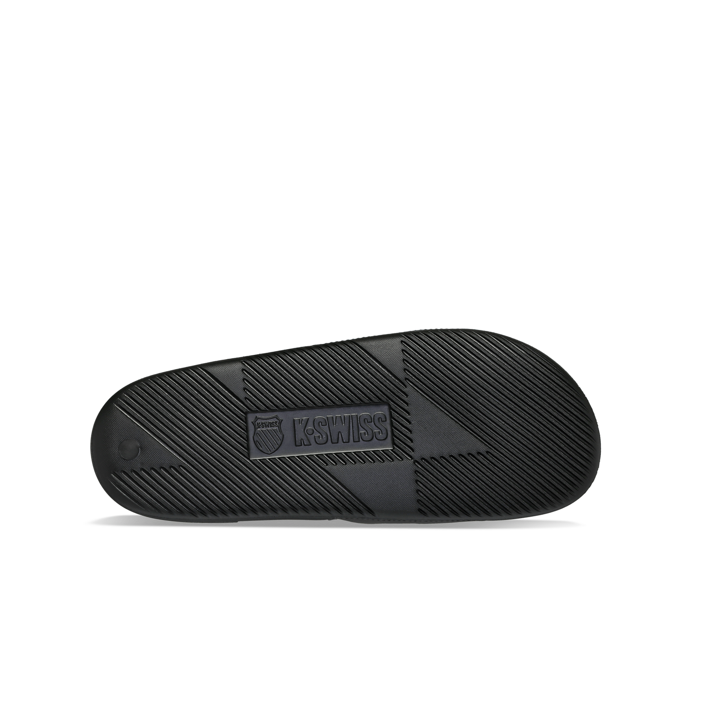 McLaren x K-Swiss black slide sandal outsole with K-Swiss logo – bottom tread view