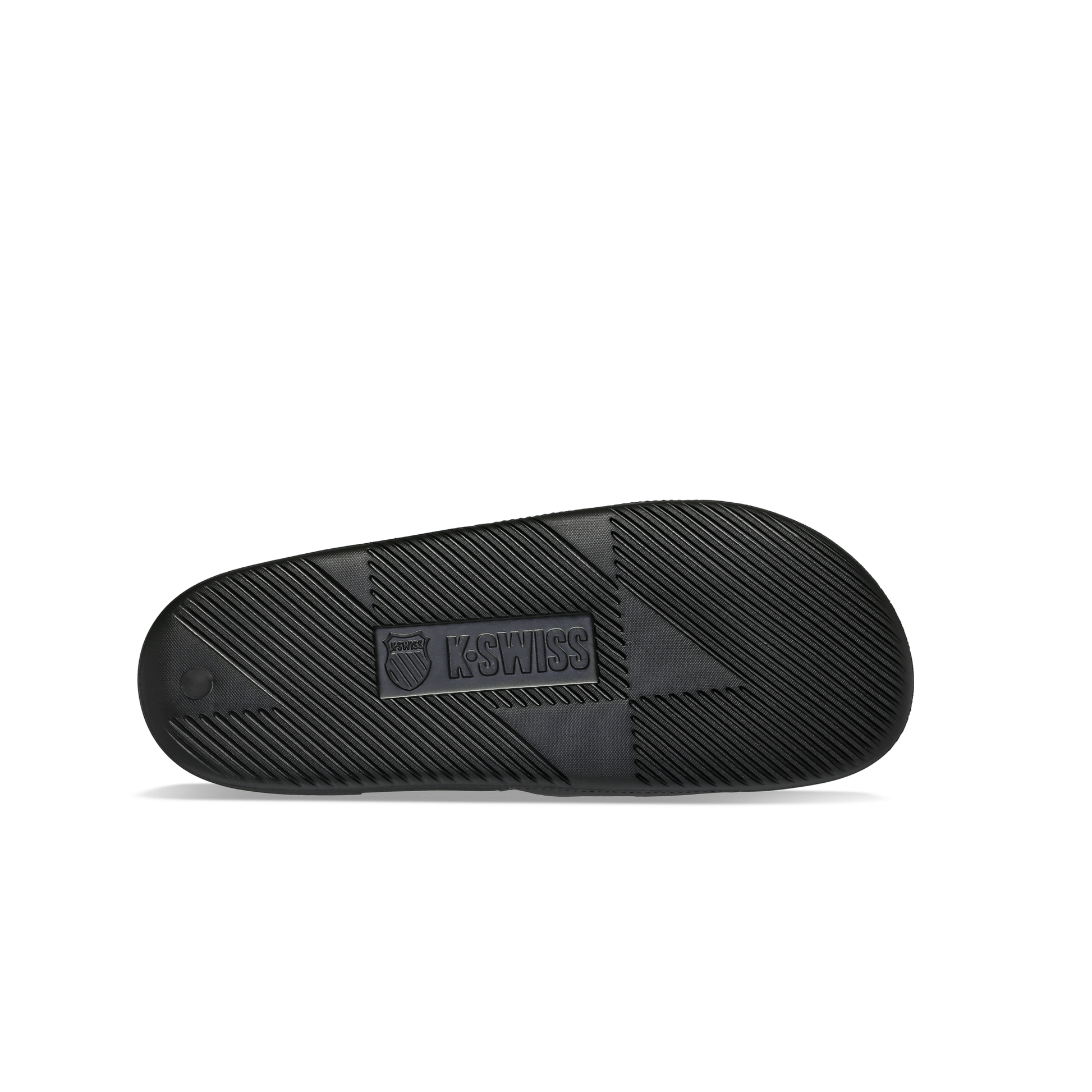 McLaren x K-Swiss black slide sandal outsole with K-Swiss logo – bottom tread view