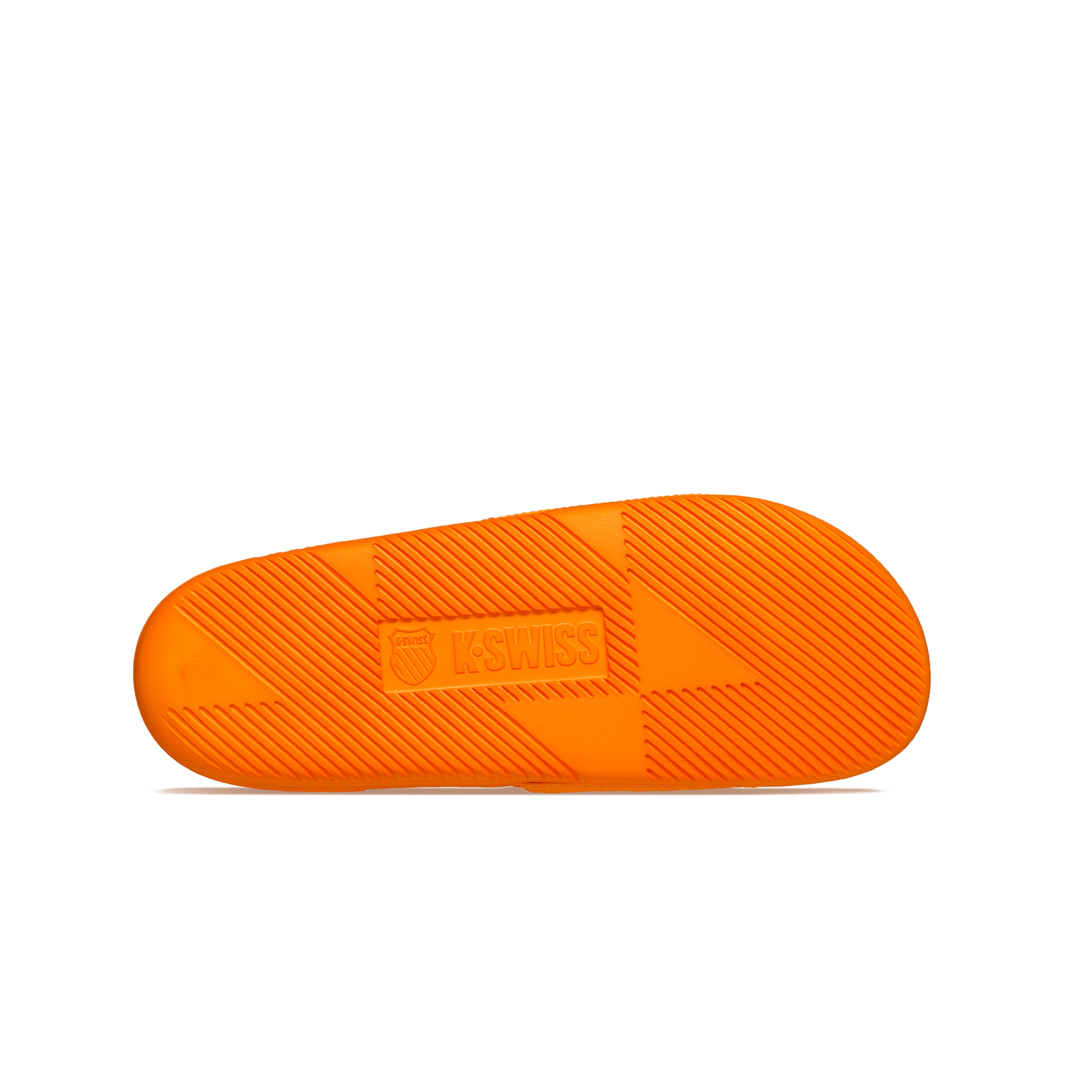 McLaren x K-Swiss papaya orange slide sandal outsole with K-Swiss logo – bottom tread view