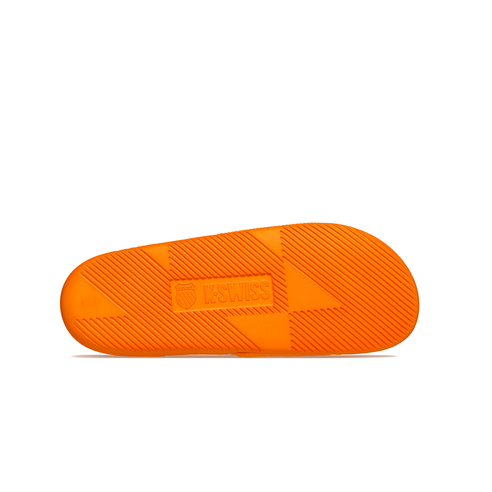 McLaren x K-Swiss papaya orange slide sandal outsole with K-Swiss logo – bottom tread view