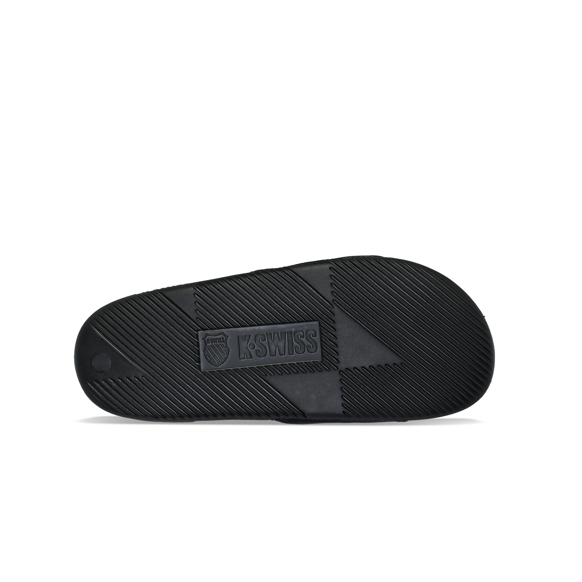 McLaren x K-Swiss black slide sandal outsole with K-Swiss logo – bottom tread view