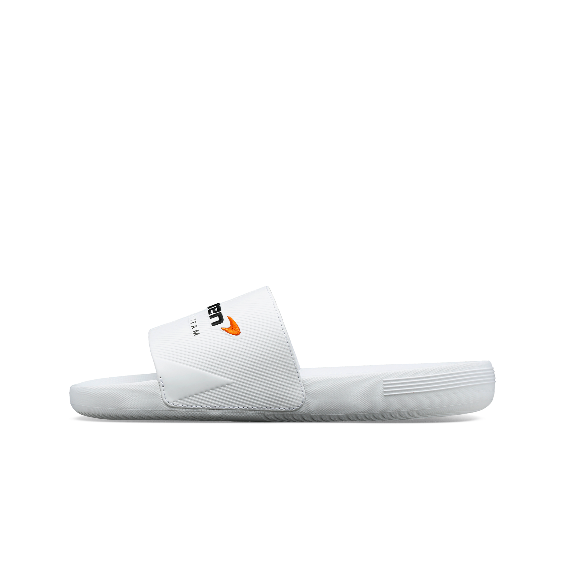 McLaren x K-Swiss white slide sandal with McLaren logo strap detail – inner side profile view