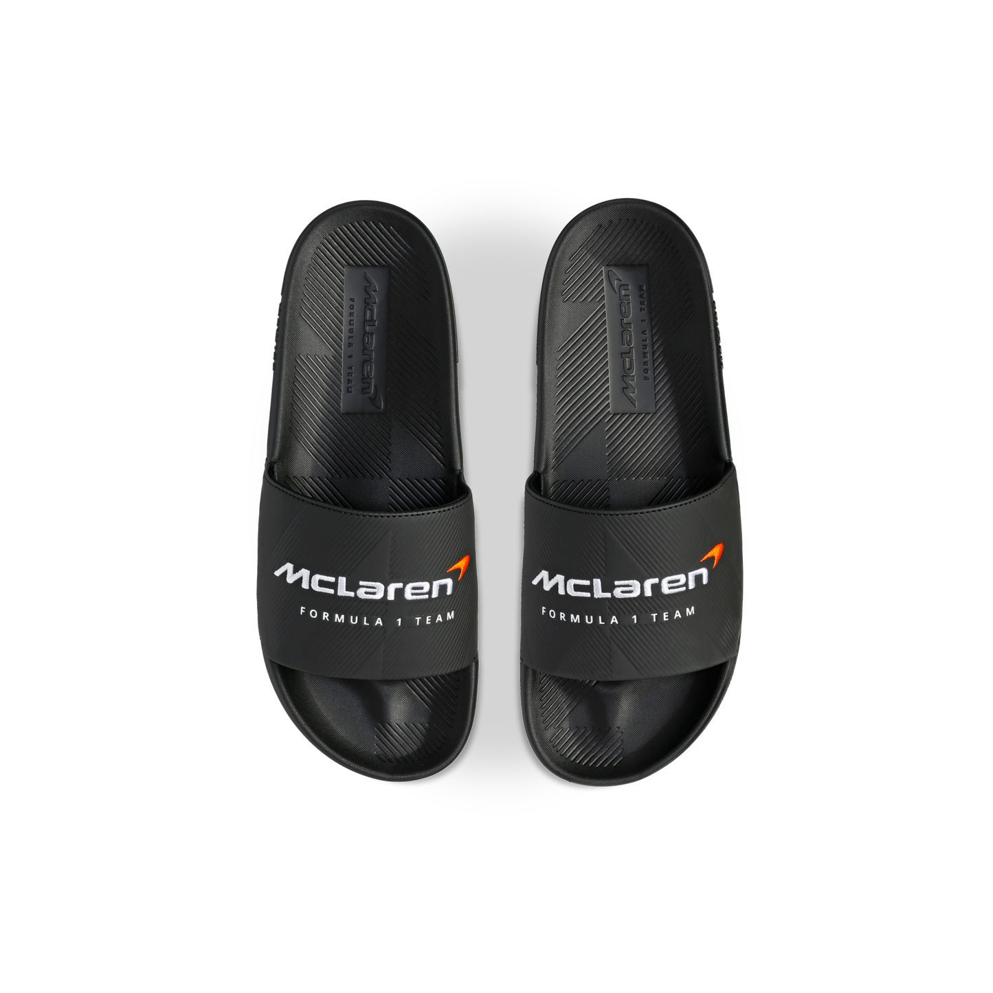McLaren x K-Swiss black slide sandals with McLaren Formula 1 Team logo straps – top view of pair